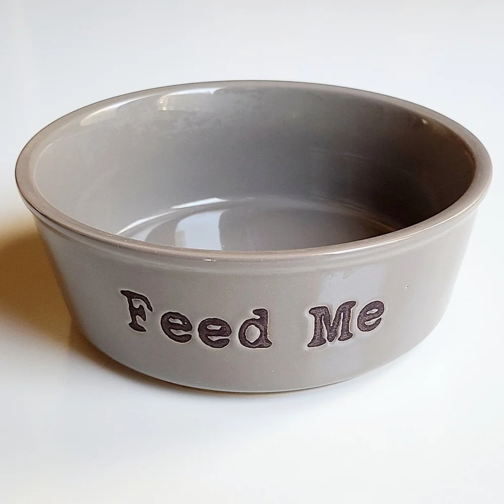 Ceramic Pottery Dog Food Bowl Gray Neutral Decor Cottagecore 7 Inch